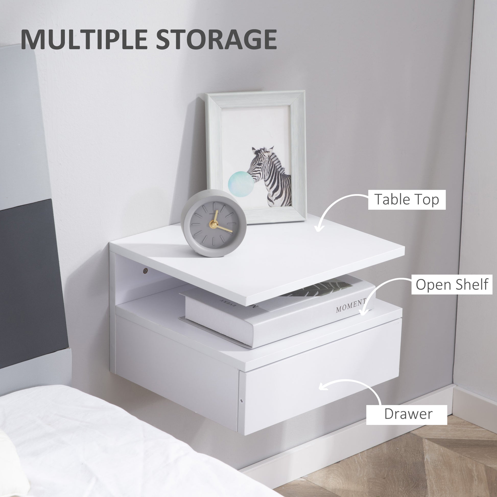 HOMCOM White Floating Wall Mounted Bedside Nightstands with Drawer and Shelf