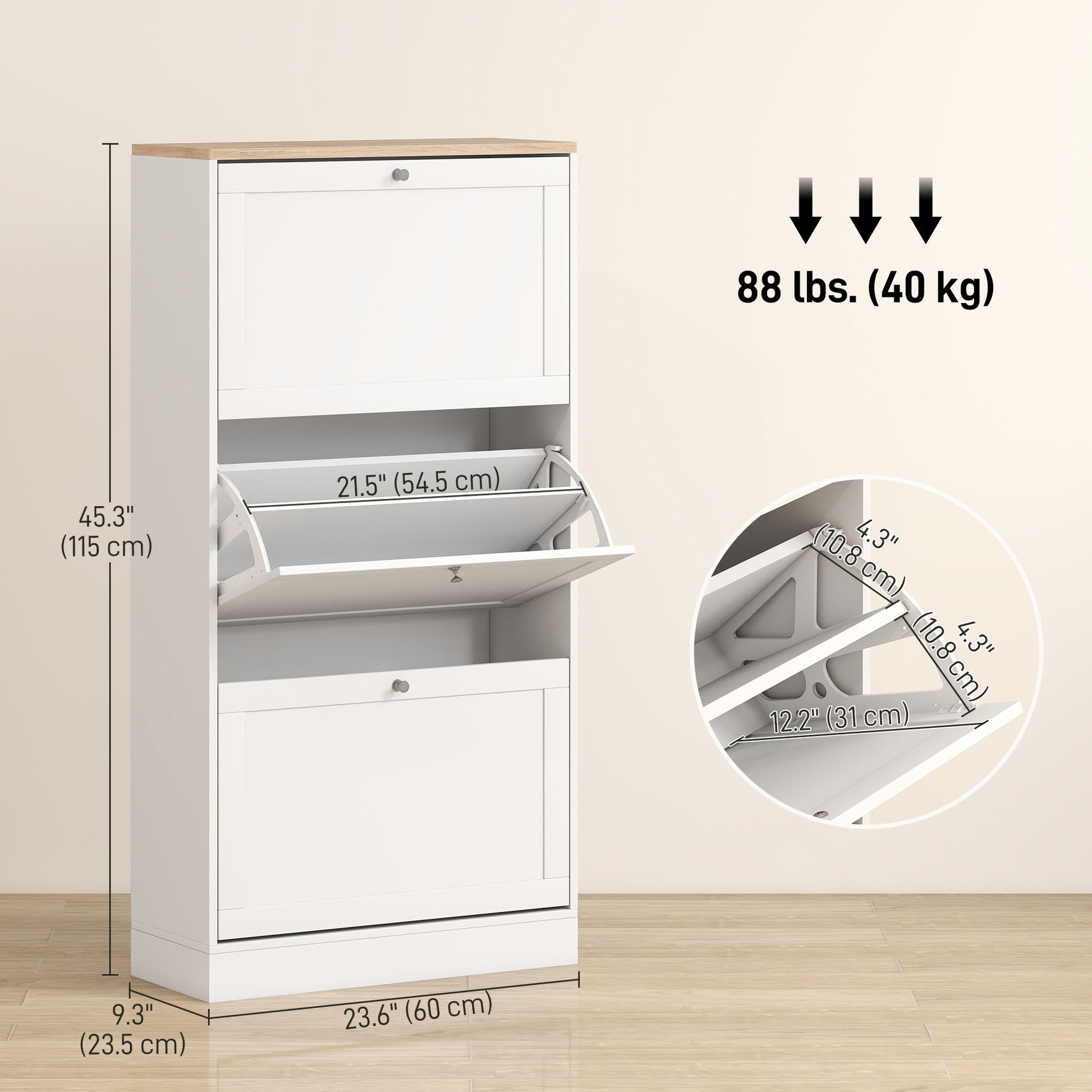 HOMCOM Modern White Shoe Storage Cabinet with 3 Flip Drawers, Adjustable Shelves
