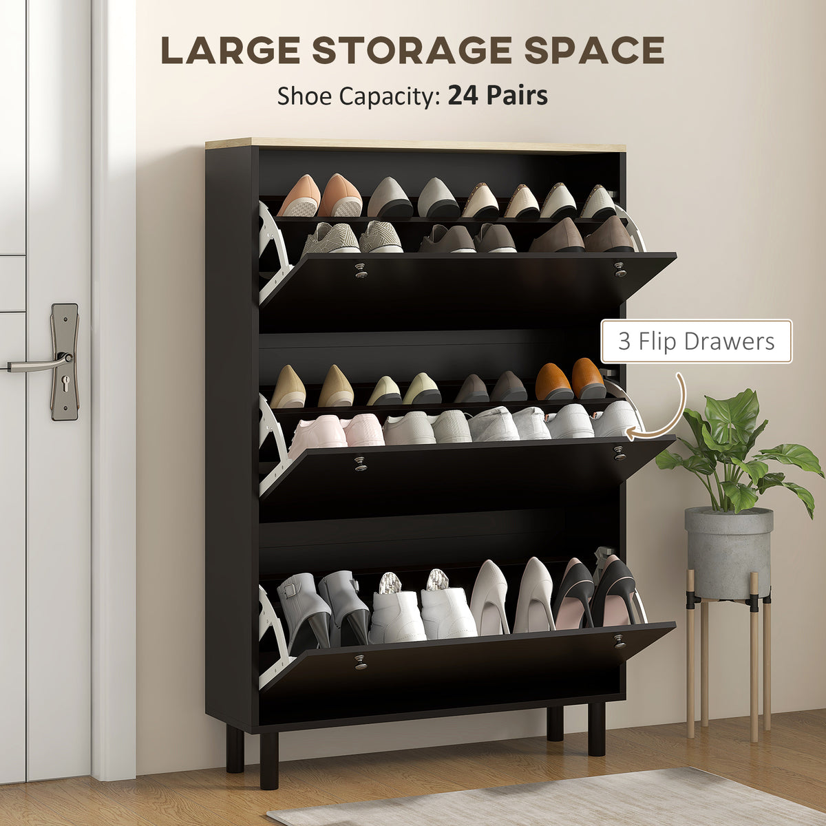 Modern Entryway Shoe Cabinet with 3 Flip Drawers – 32"W x 48"H