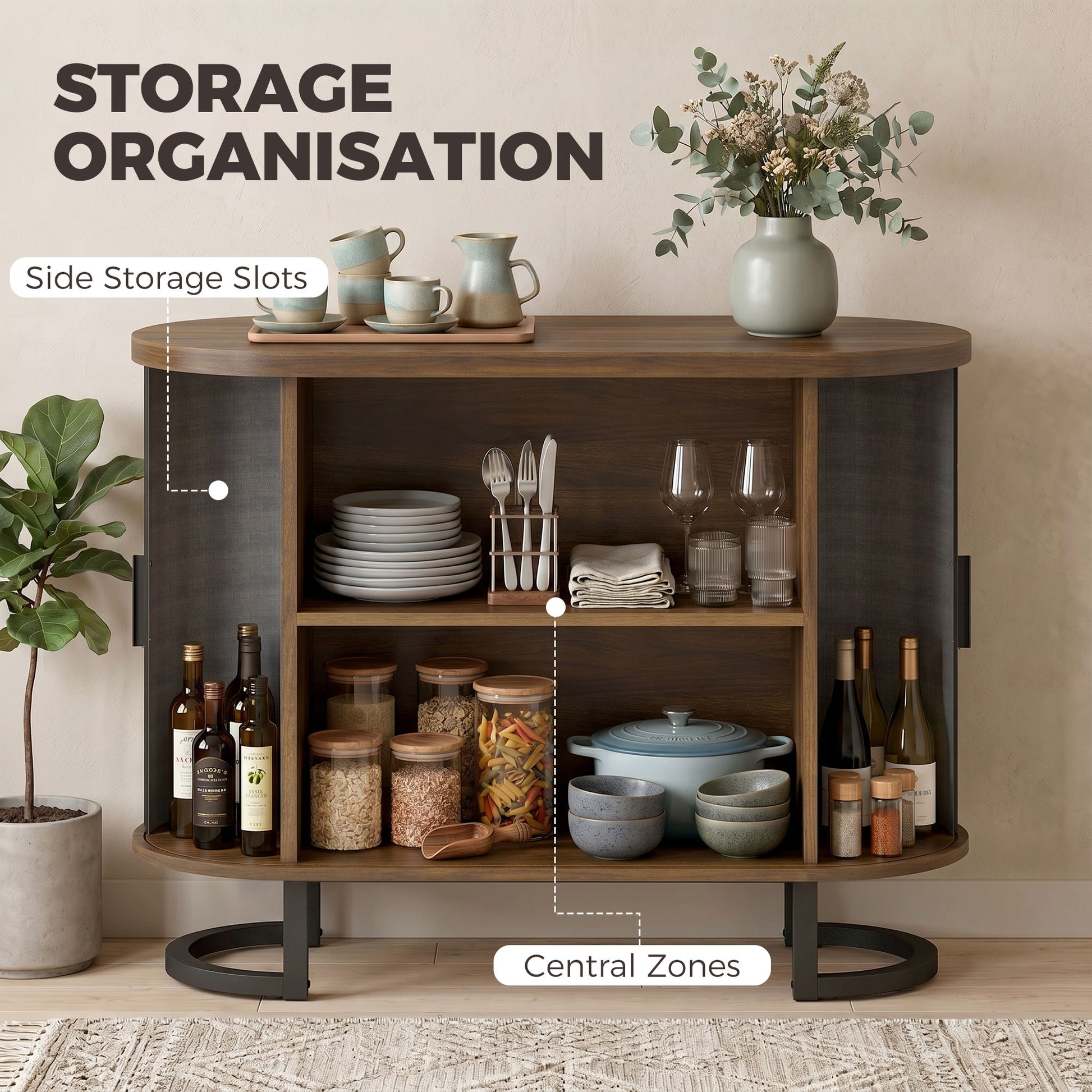 HOMCOM Sideboard Buffet Cabinet Curved Tambour Doors Brown Black