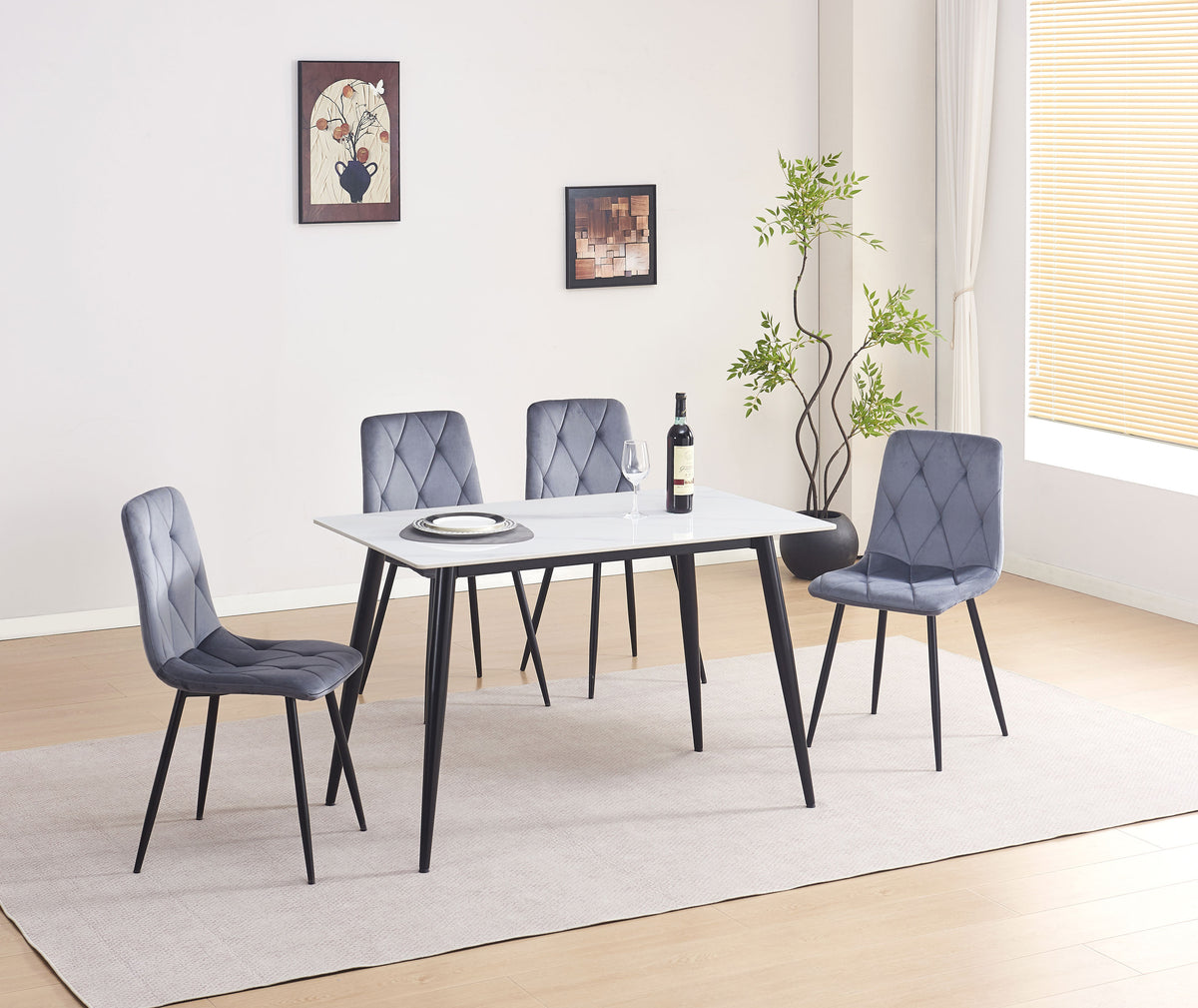Compact Sintered Stone Dining Set with Velvet Chairs