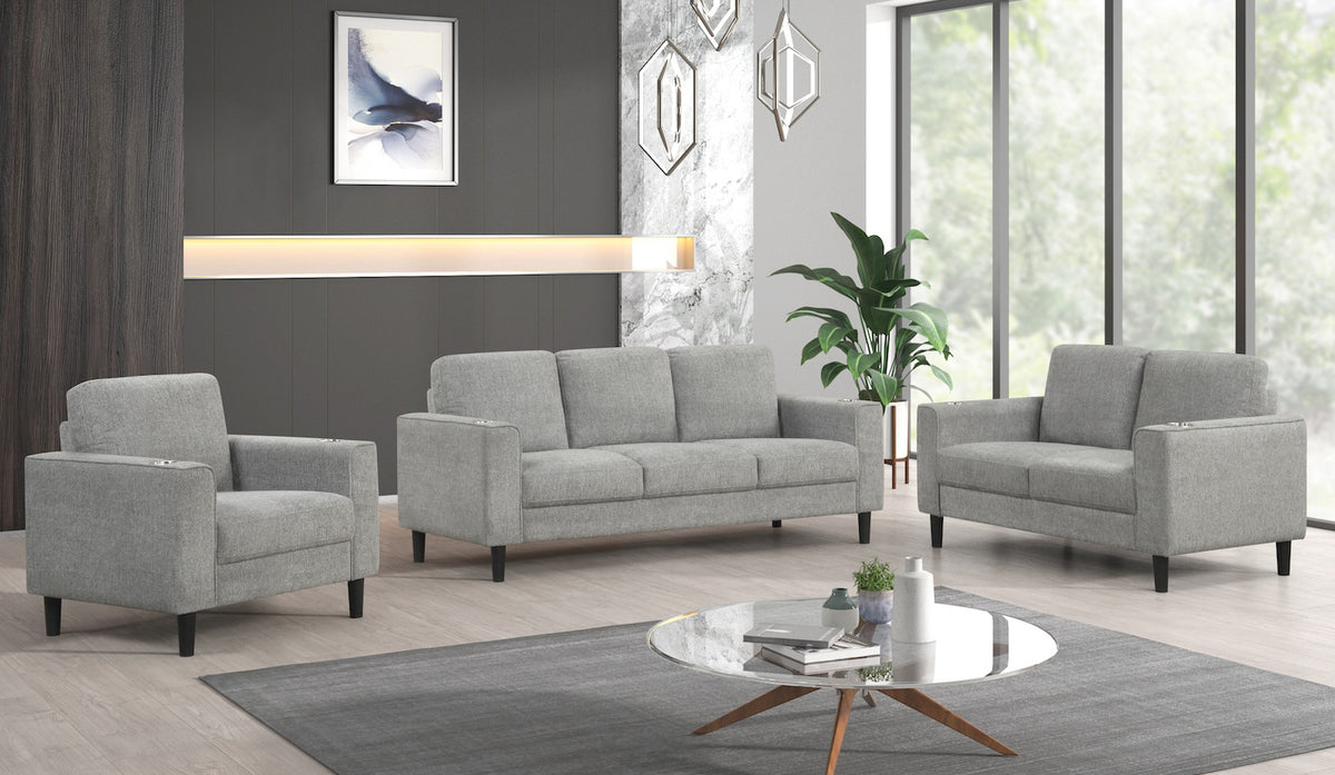 Contemporary 3-Piece Sofa Set with Cup Holders – Grey