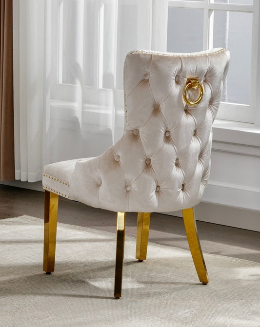 Creme Velvet Dining Chair with Gold Frame & Knocker – Set of 2