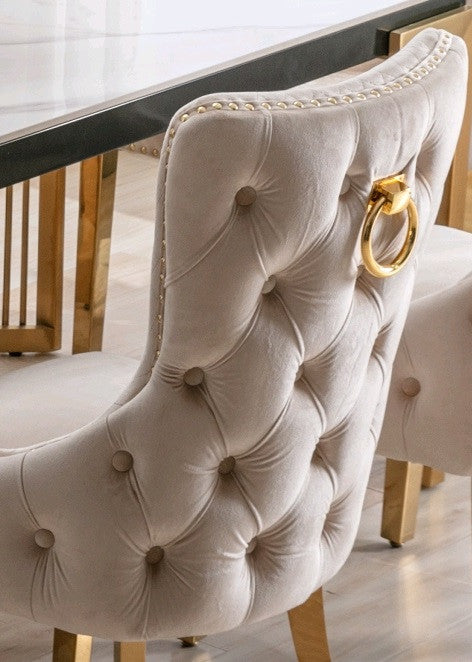 Creme Velvet Dining Chair with Gold Frame & Knocker – Set of 2