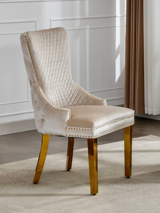 Creme Velvet Dining Chair with Gold Frame & Knocker – Set of 2
