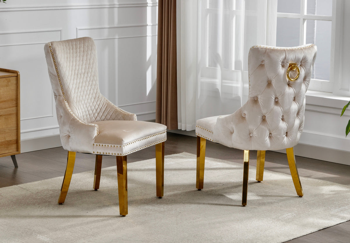 Creme Velvet Dining Chair with Gold Frame & Knocker – Set of 2