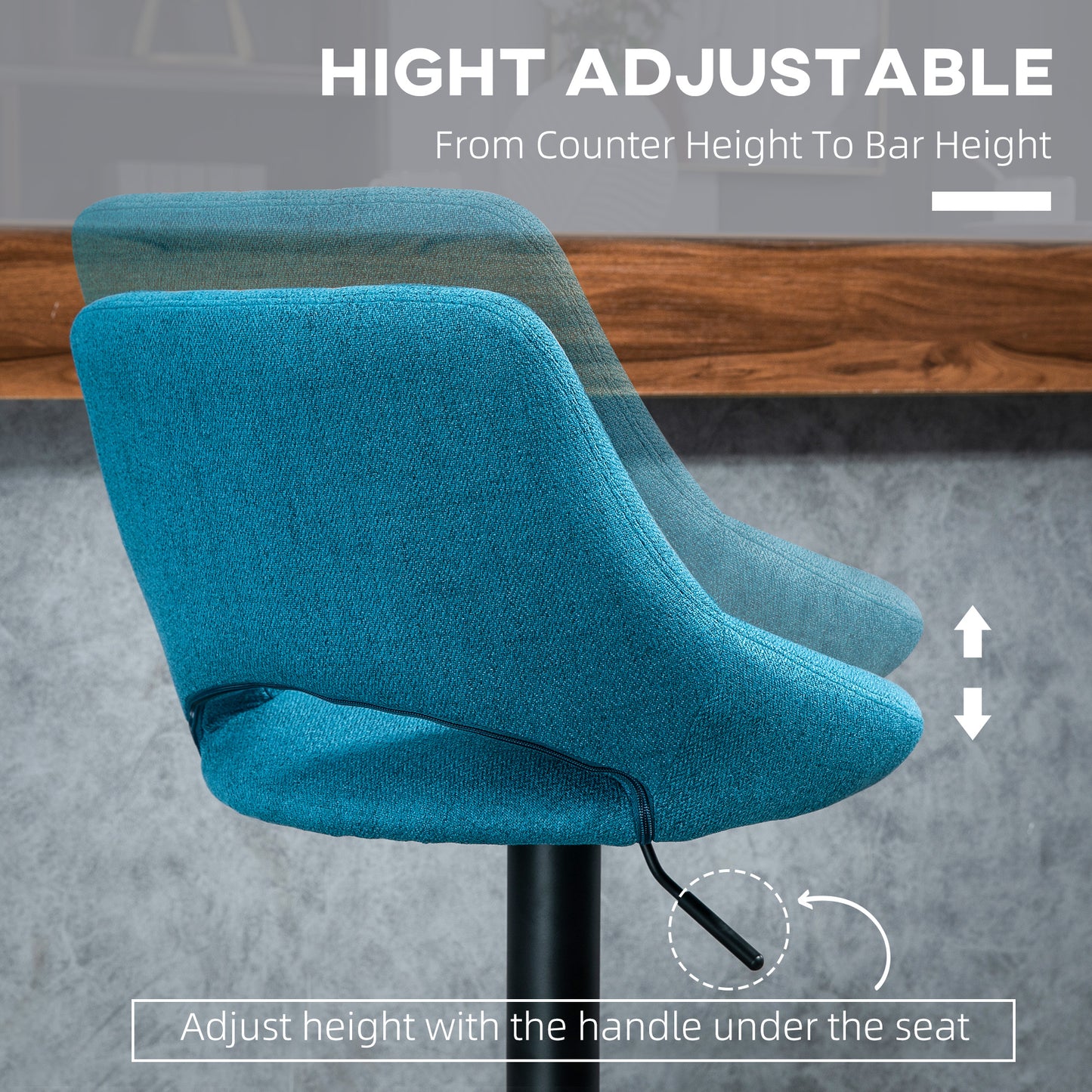 HOMCOM Set of 2 Swivel Blue Linen Adjustable Height Bar Stools