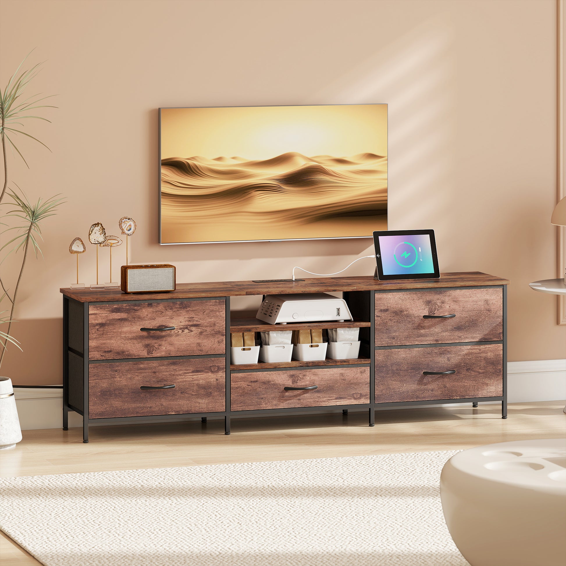 HOMCOM TV Stand for TVs up to 70 Inch, Industrial TV Console with Charging Station, 5 Drawers and Open Shelves, Rustic Brown