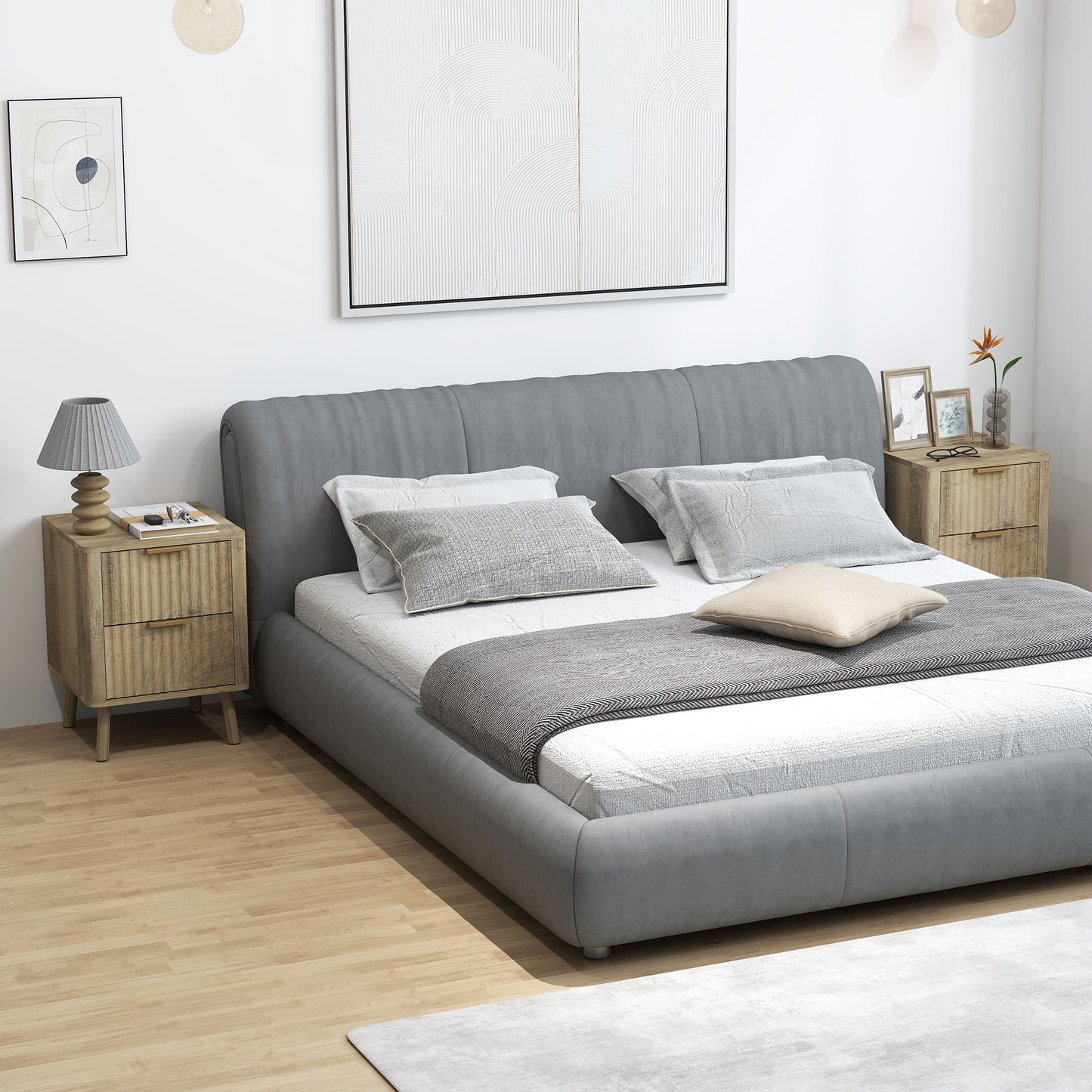 HOMCOM Modern Oak Nightstands Set of 2, Fluted Drawers, Finger Pulls