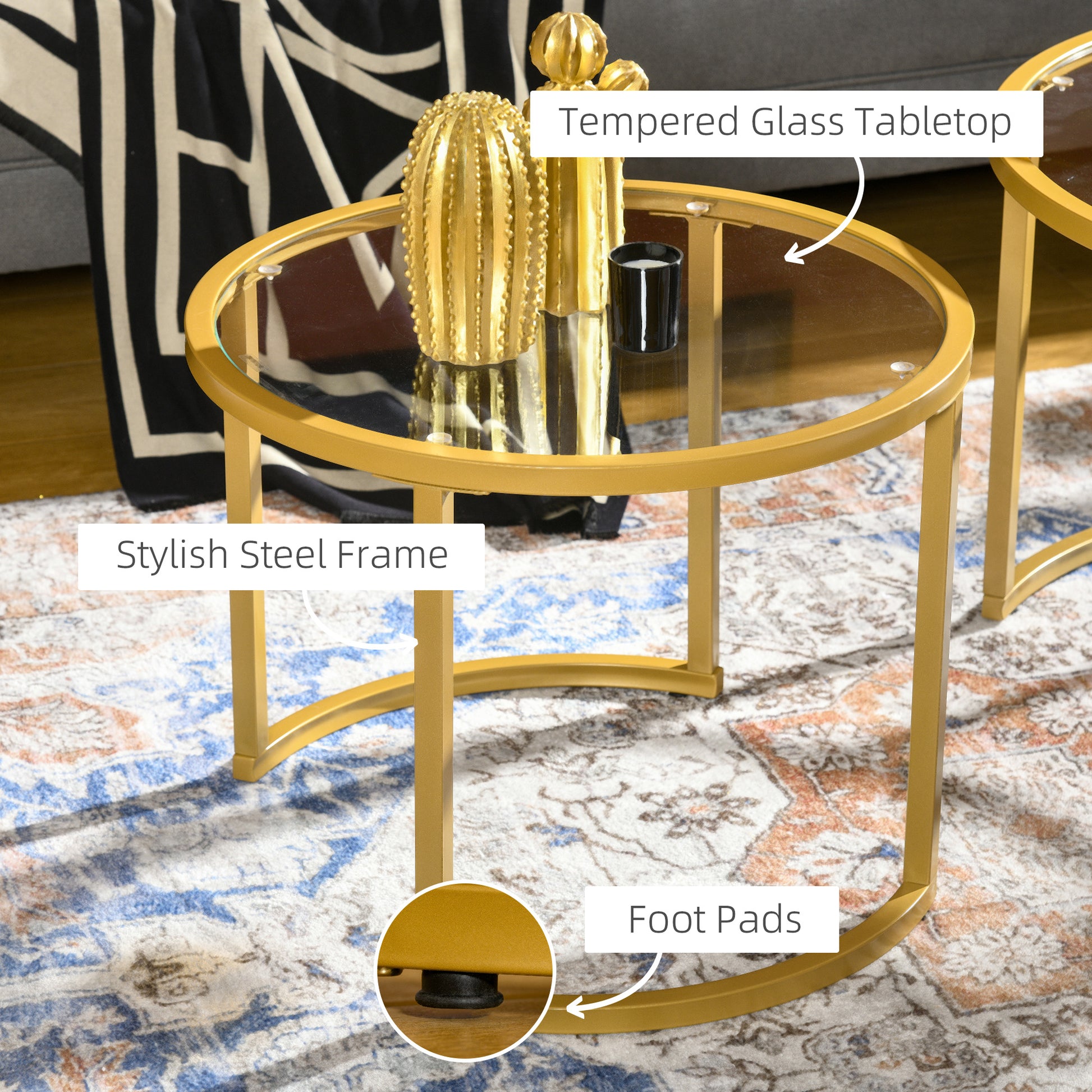 HOMCOM Modern Round Nesting Coffee Table Set - Tempered Glass & Gold Steel Frame