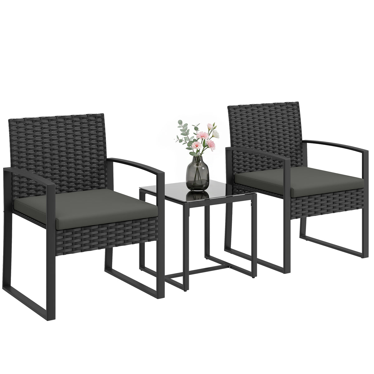 Outdoor Bistro Set, 3 Piece Wicker Patio Furniture Set with Glass Top Table and Cushions for Porch, Balcony – Dark Grey