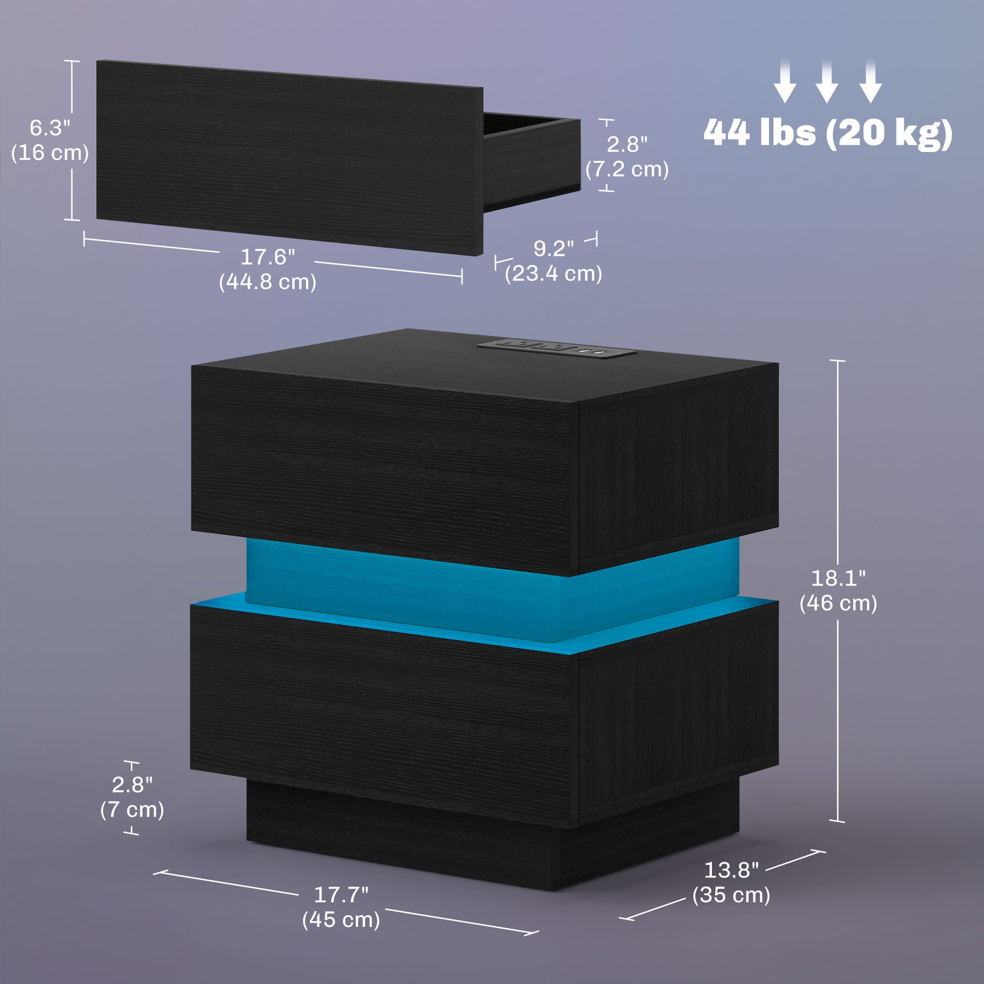 HOMCOM Modern Black Nightstand: LED Light, Charging Station, USB Ports, AC Outlets