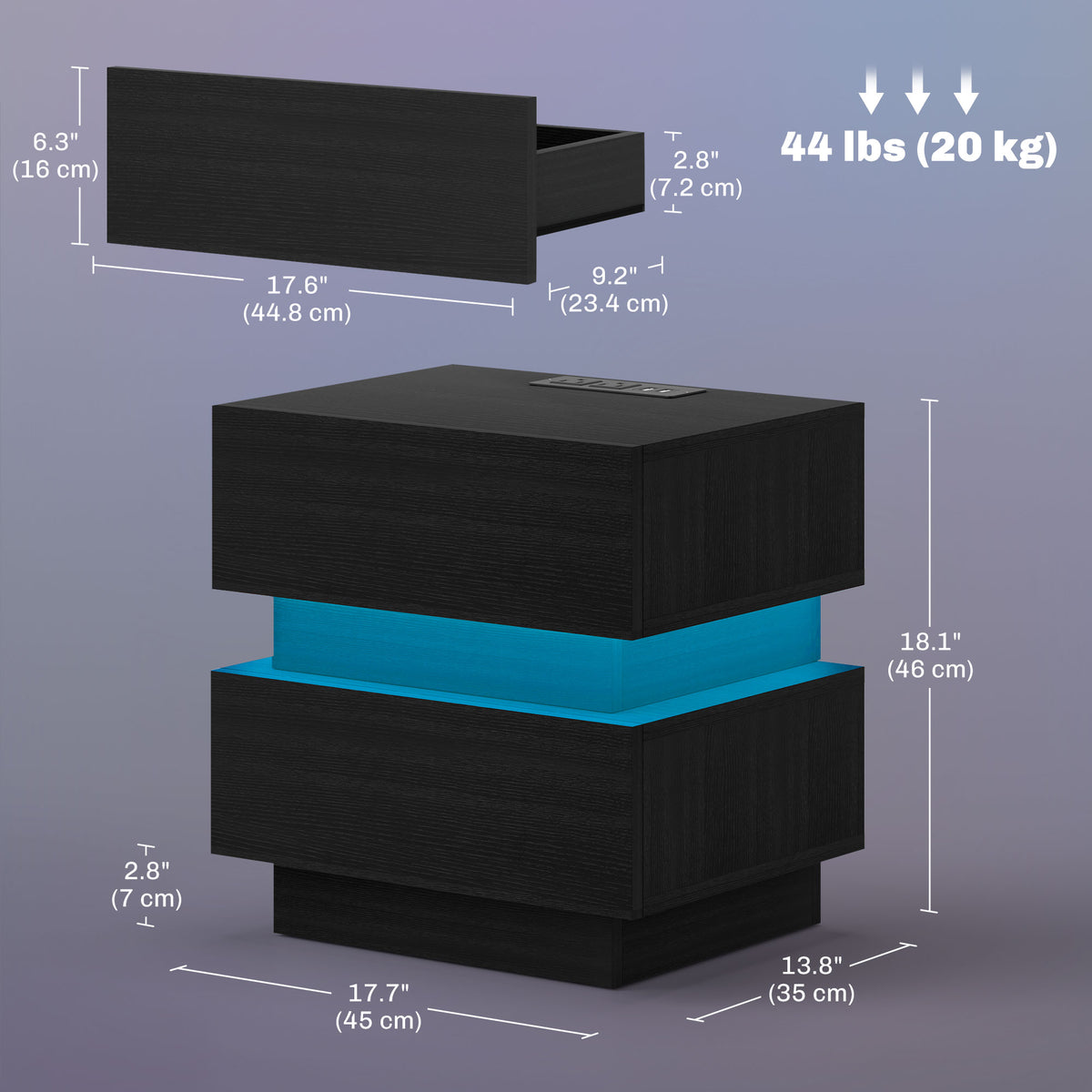 Nightstand with Charging Station and LED Light – 18"W x 18"H
