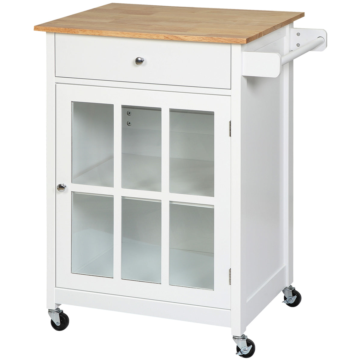 Rolling Kitchen Cart with Drawer and Glass Door Cabinet – 27"W x 34"H