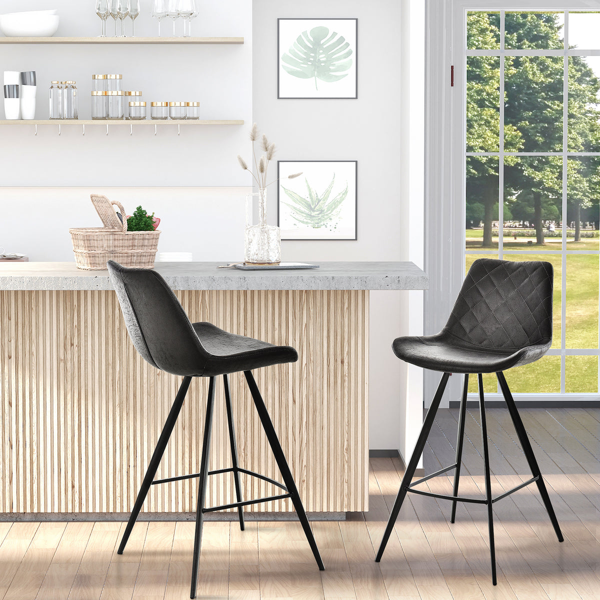 Argyle Microfiber Bar Stools with Metal Legs, Set of 2, Black