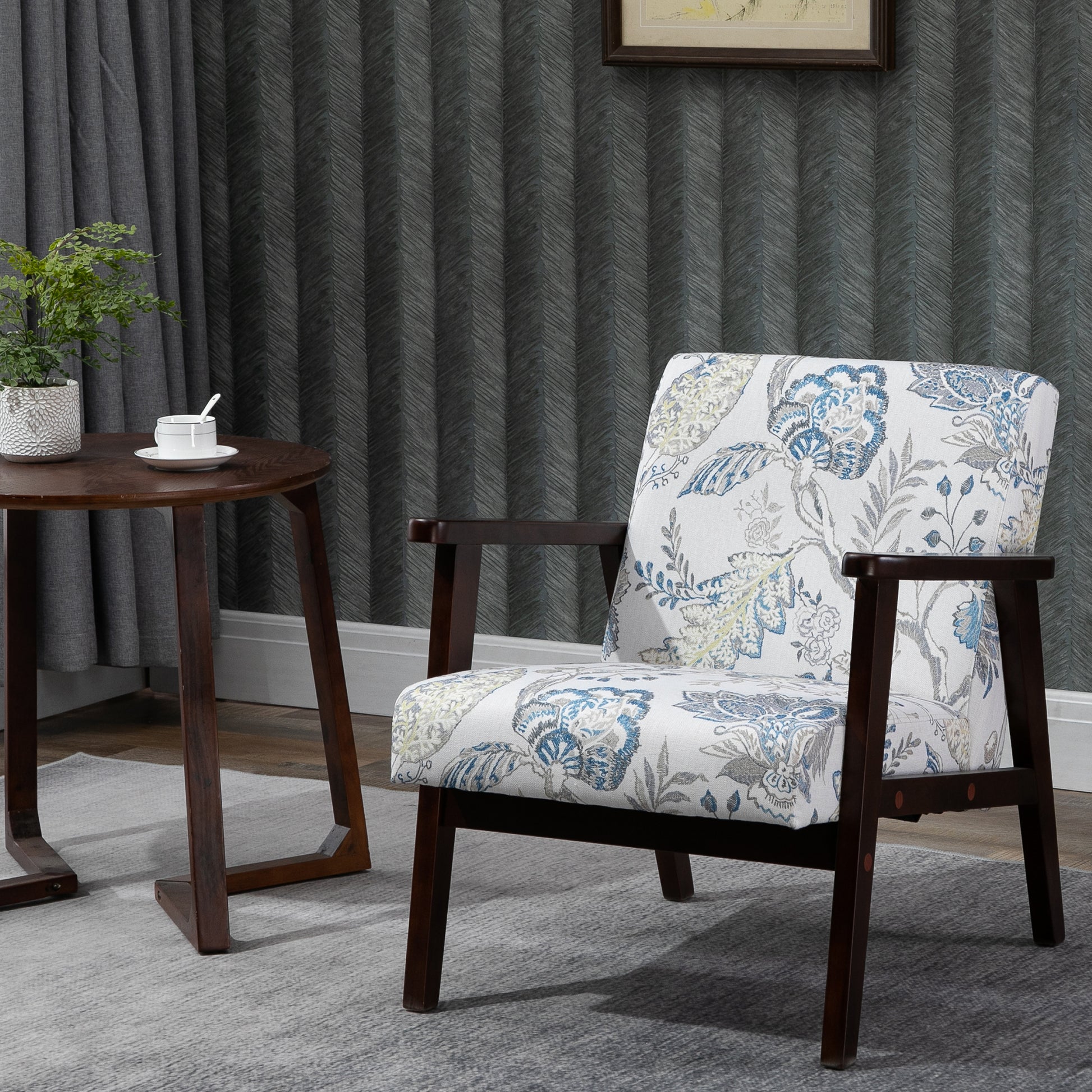 HOMCOM Mid-Century Modern Accent Lounge Chair, Floral Fabric Upholstered, Rubberwood Legs