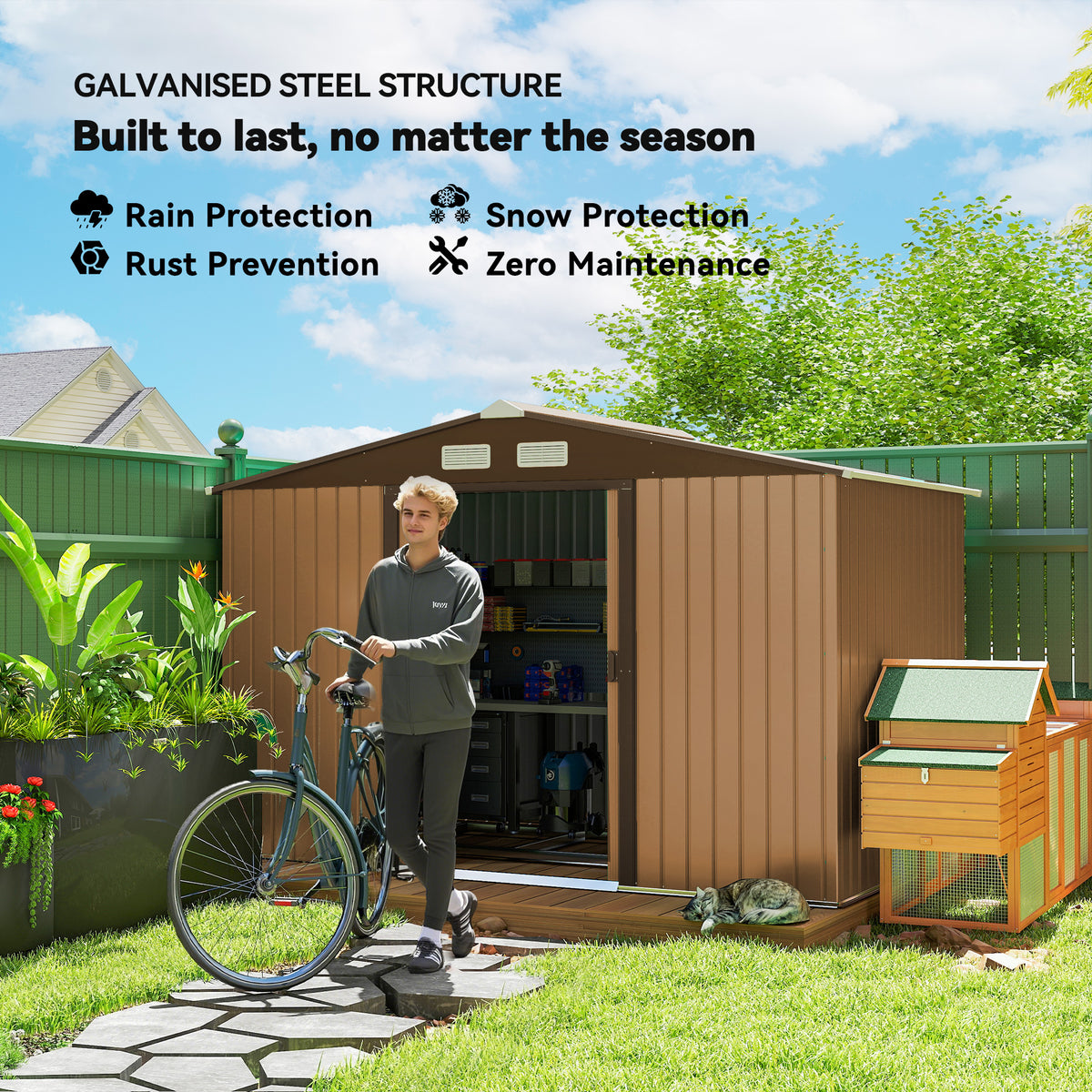 9.1'x6.4'x6.3' Garden Storage Shed, Outdoor Storage Tool House with Vents, Foundation and Lockable Double Doors – Yellow