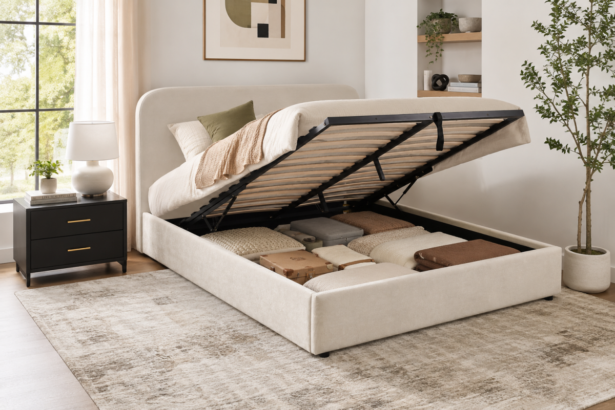 QUEEN PLATFORM STORAGE BED - BEIGE