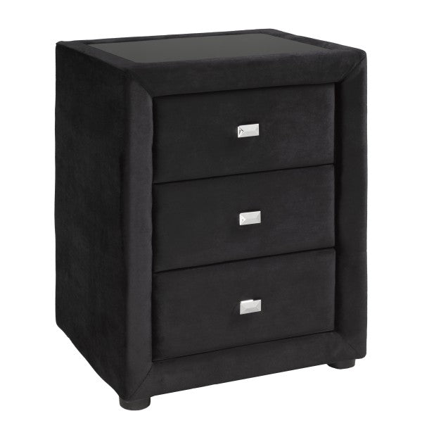 Axel Black Velvet Night Stand with Smoked Glass Top and Three Storage Drawers