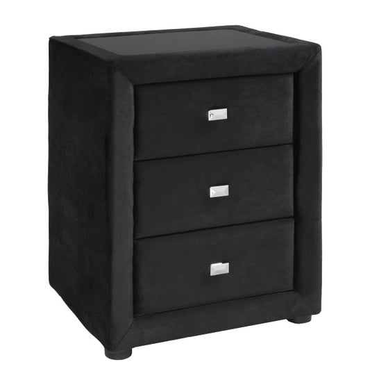 Axel Black Velvet Night Stand with Smoked Glass Top and Three Storage Drawers