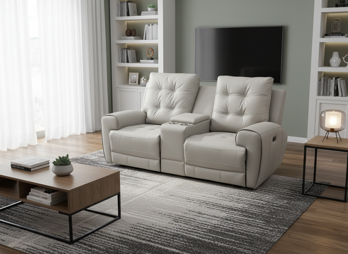 Tufted Leather Power Recliner Sofa – Taupe