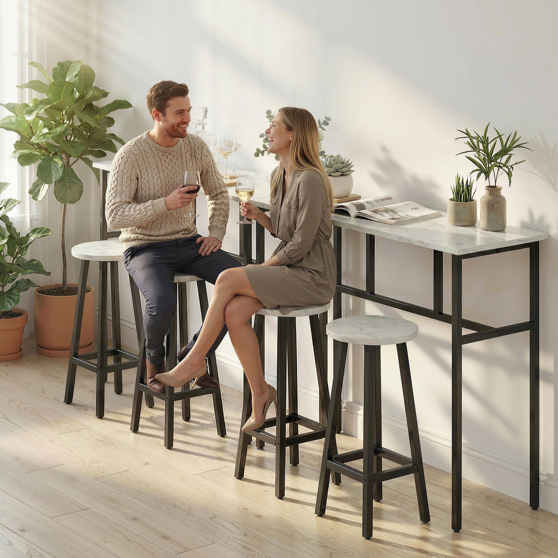 HOMCOM Bar Table Set Industrial Style White Marble