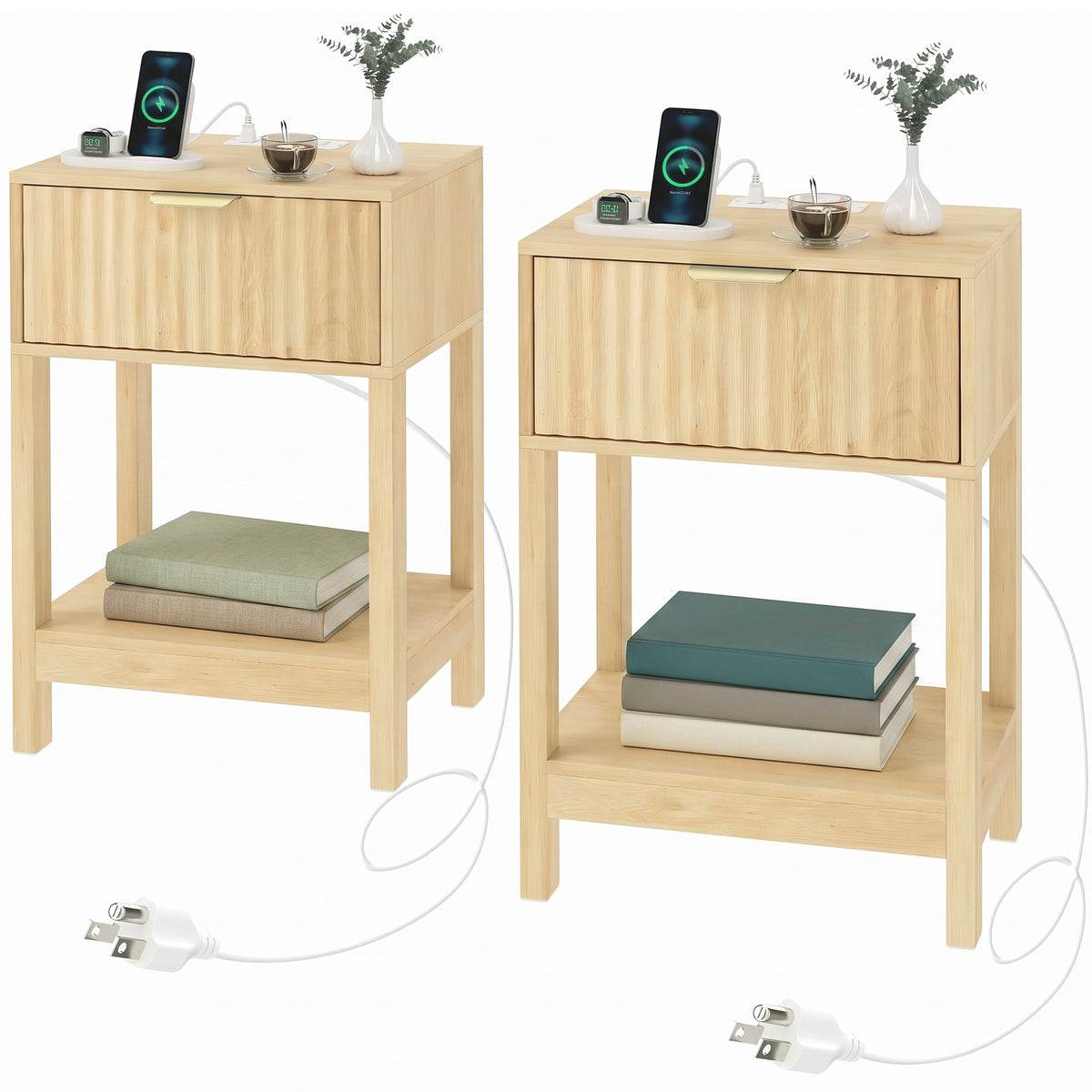 Slim Nightstands with Built-In Charging, Set of 2 – 16"W x 24"H