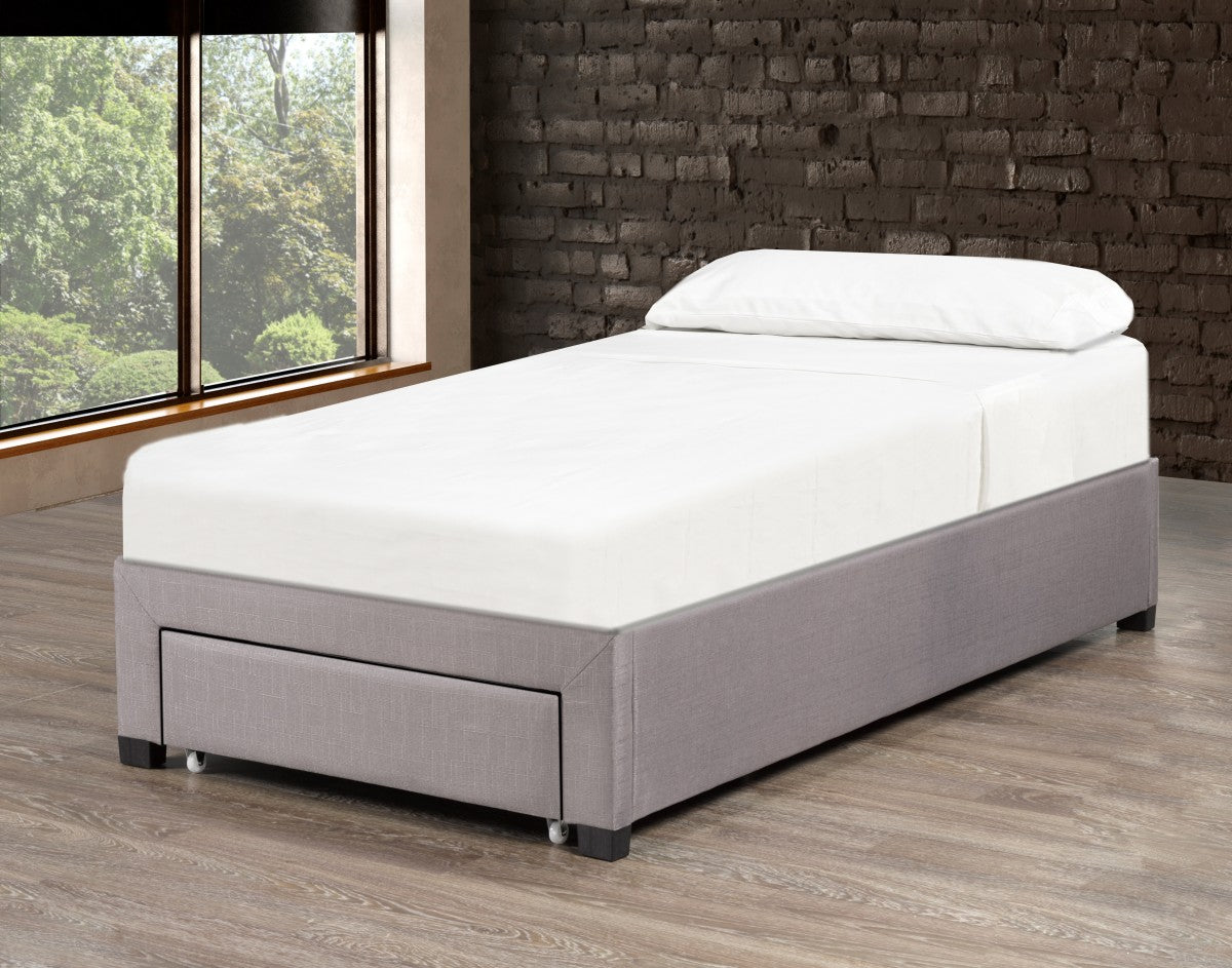 Bradley Twin Platform Bed Base: Grey Fabric, Storage Drawers, Slat Support