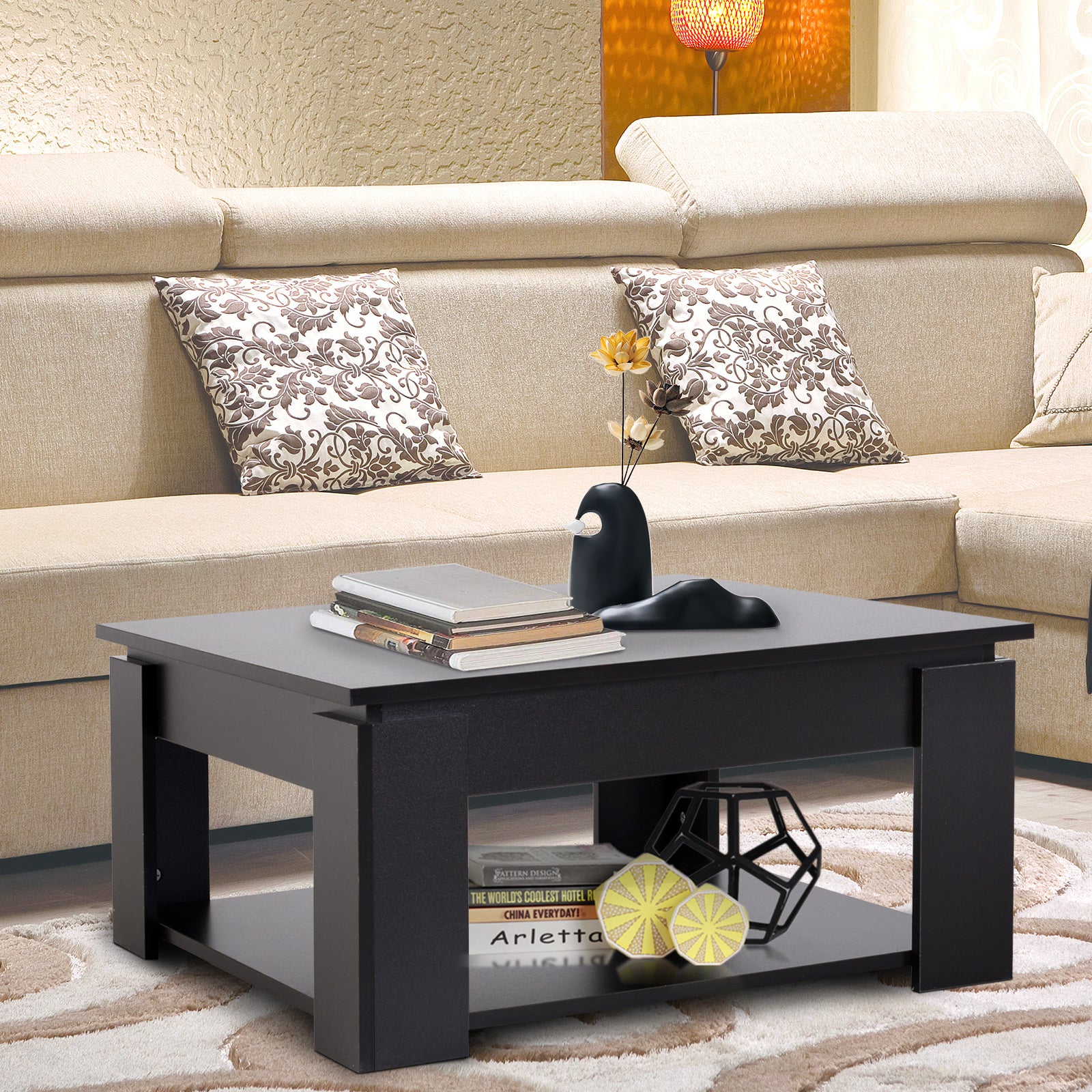 HOMCOM 2-Tier Modern Coffee Table with Bottom Shelf for Living Room