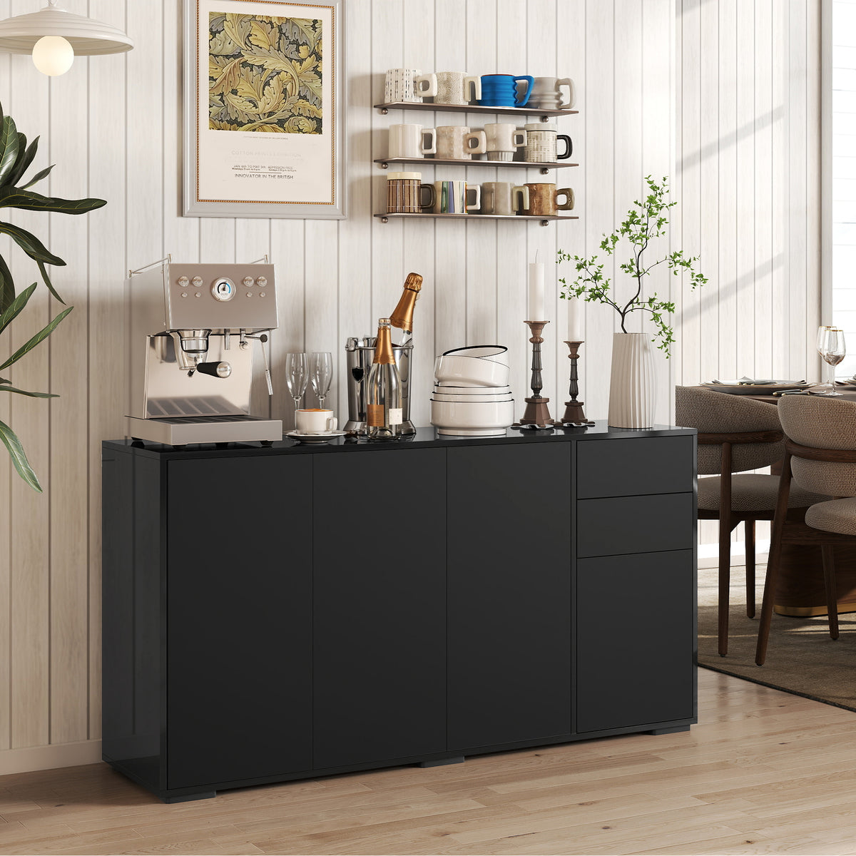 Modern Coffee Bar Cabinet with Push-Open Design and 2 Drawers – 55"W x 29"H
