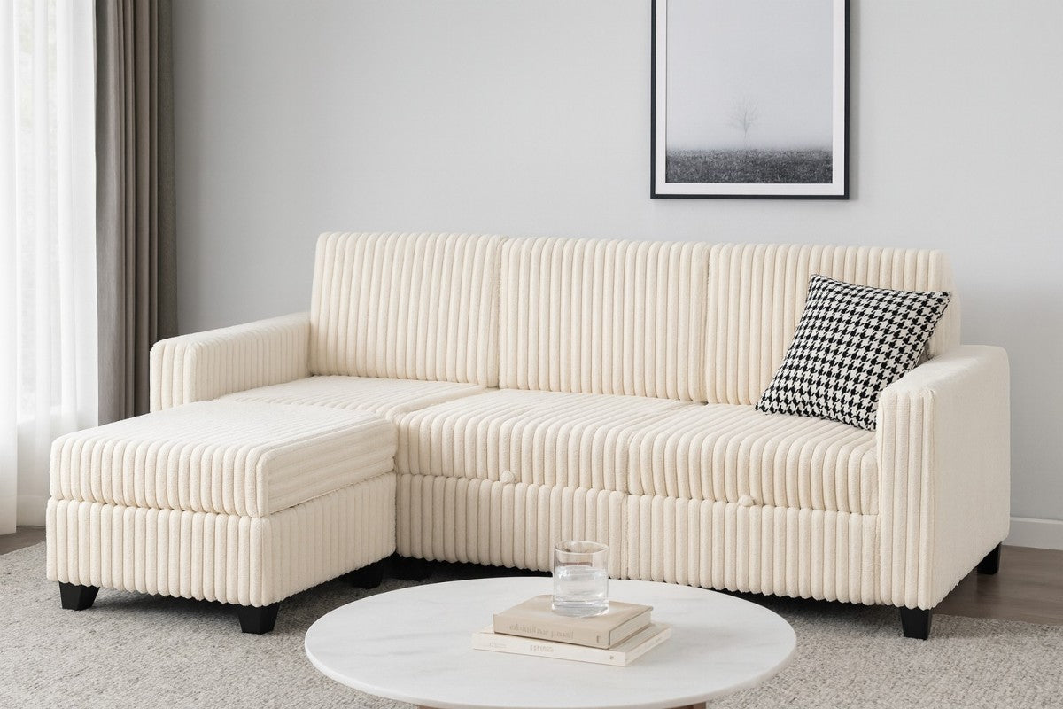 Versatile Beige Modular Sectional Sofa with Storage, Plush Fabric & Ottoman