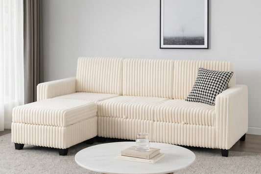 Versatile Beige Modular Sectional Sofa with Storage, Plush Fabric & Ottoman