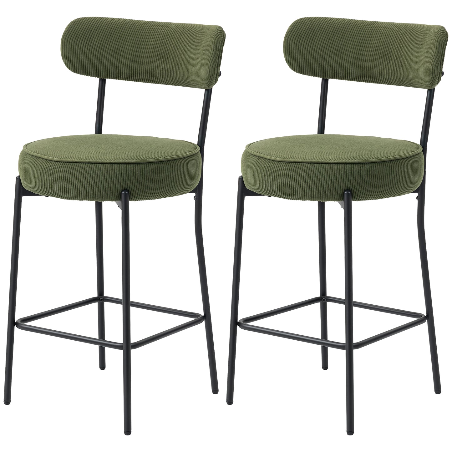 HOMCOM Set of 2 Green Corduroy Bar Stools with Backrest, Footrest