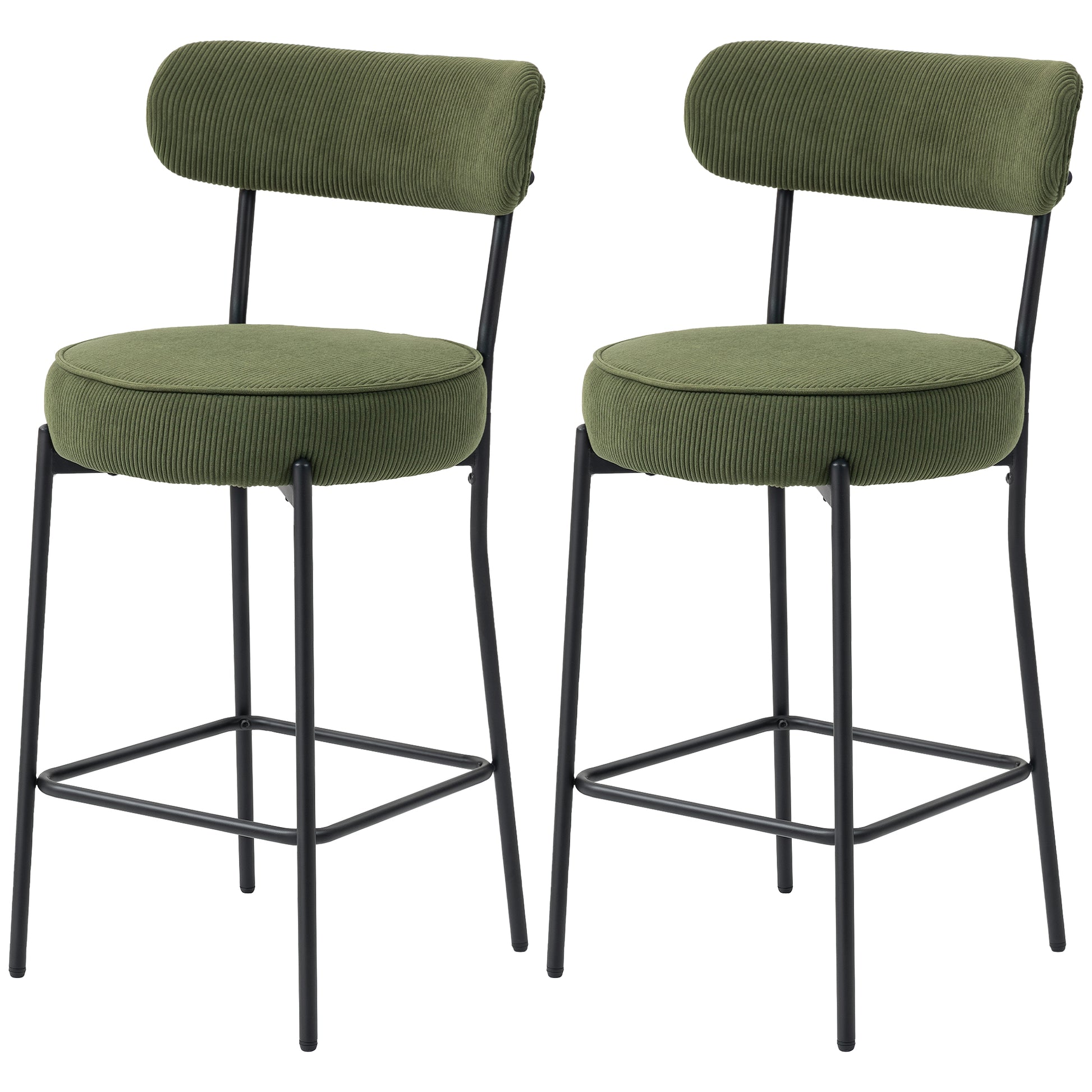 HOMCOM Set of 2 Green Corduroy Bar Stools with Backrest, Footrest