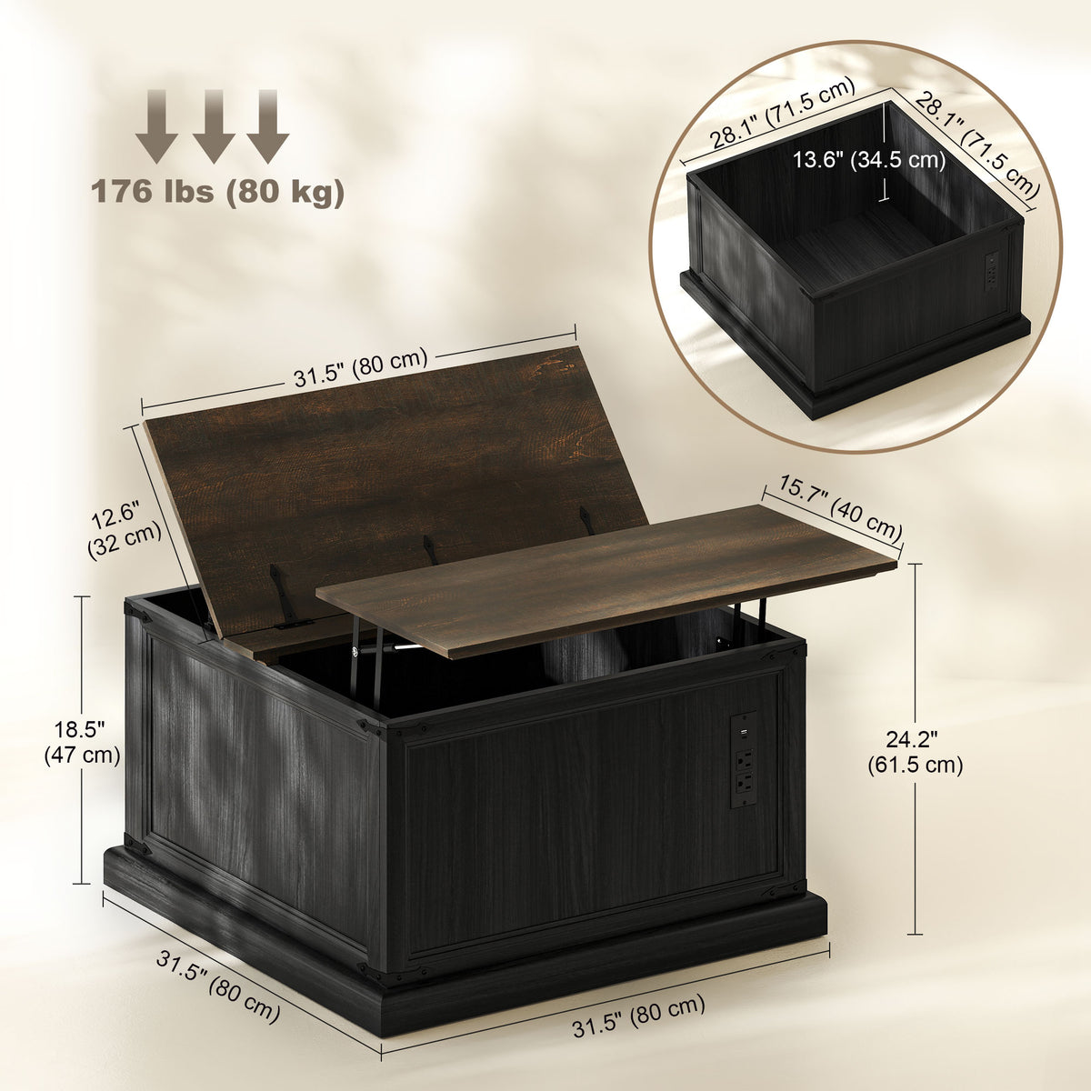 Square Lift-Top Coffee Table with Charging Station and Hidden Storage