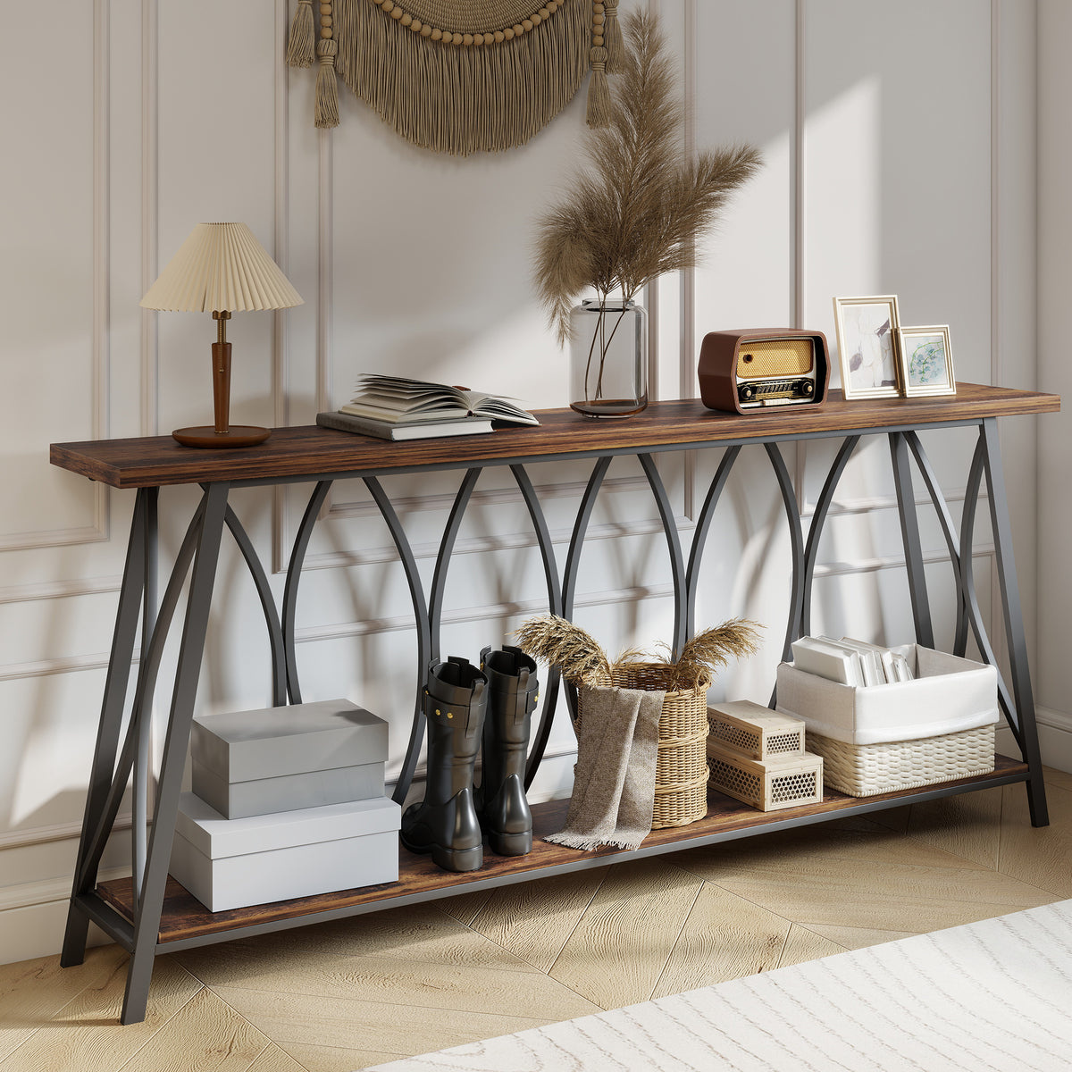 71" Industrial 2-Tier Console Table with Metal Frame