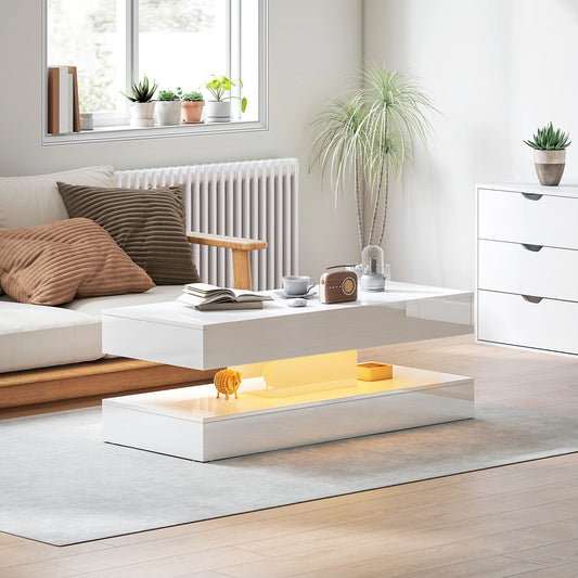 Coffee Table with Adjustable RGB LED Lights, 2 Drawers, Open Shelf and Remote