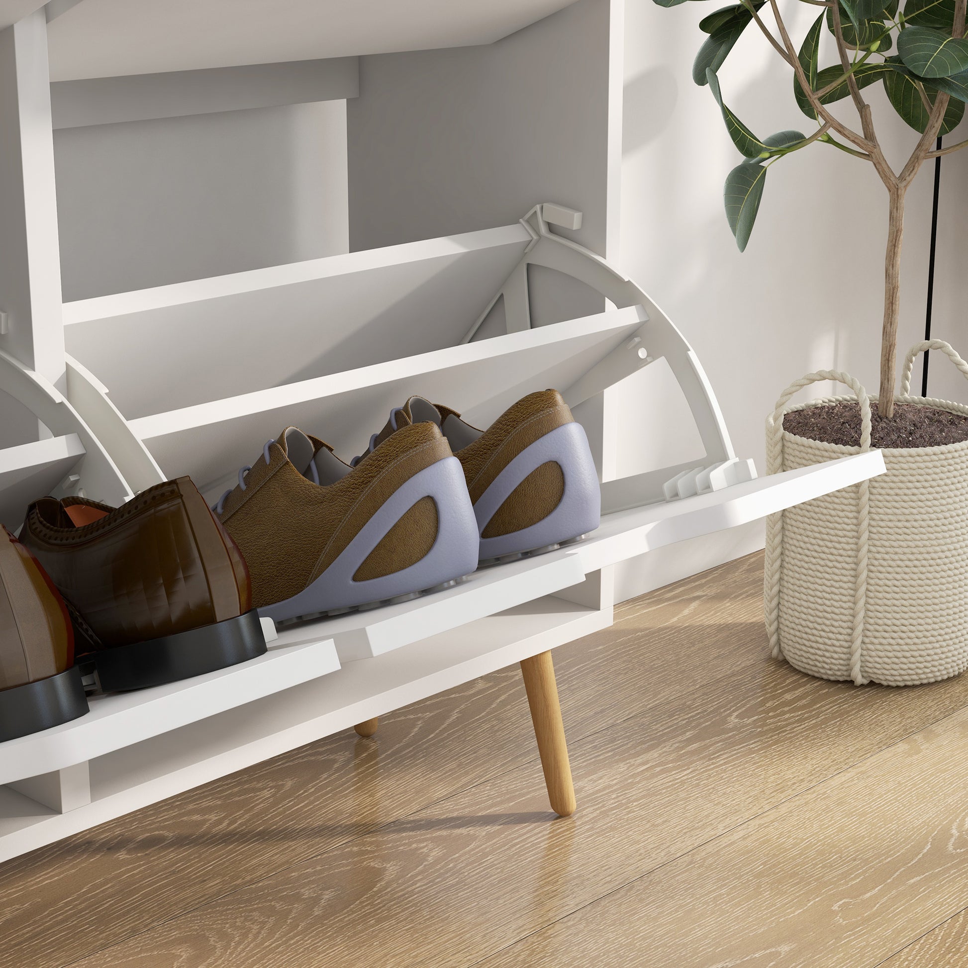 HOMCOM White Shoe Cabinet: 4 Flip Drawers, Adjustable Shelves, 16 Pairs