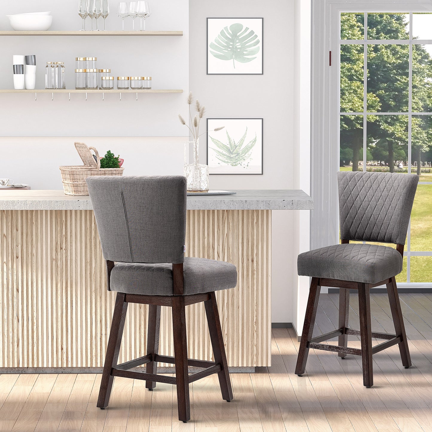 HOMCOM Swivel Counter Bar Stools Set of 2, Wood Legs, Footrests, Dark Grey
