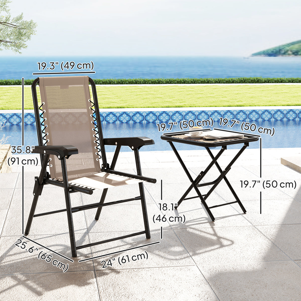 3 Pieces Patio Bistro Set, Outdoor Folding Table and Chairs Set, Metal Patio Furniture Set with Cup Holders – Khaki