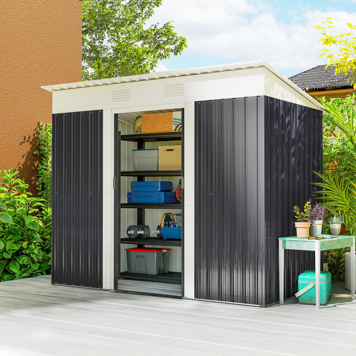 7' x 3.6' Outdoor Storage Shed, Metal Garden Tool Storage House Organizer with Lockable Sliding Doors and Vents for Backyard Patio Lawn – Charcoal Grey