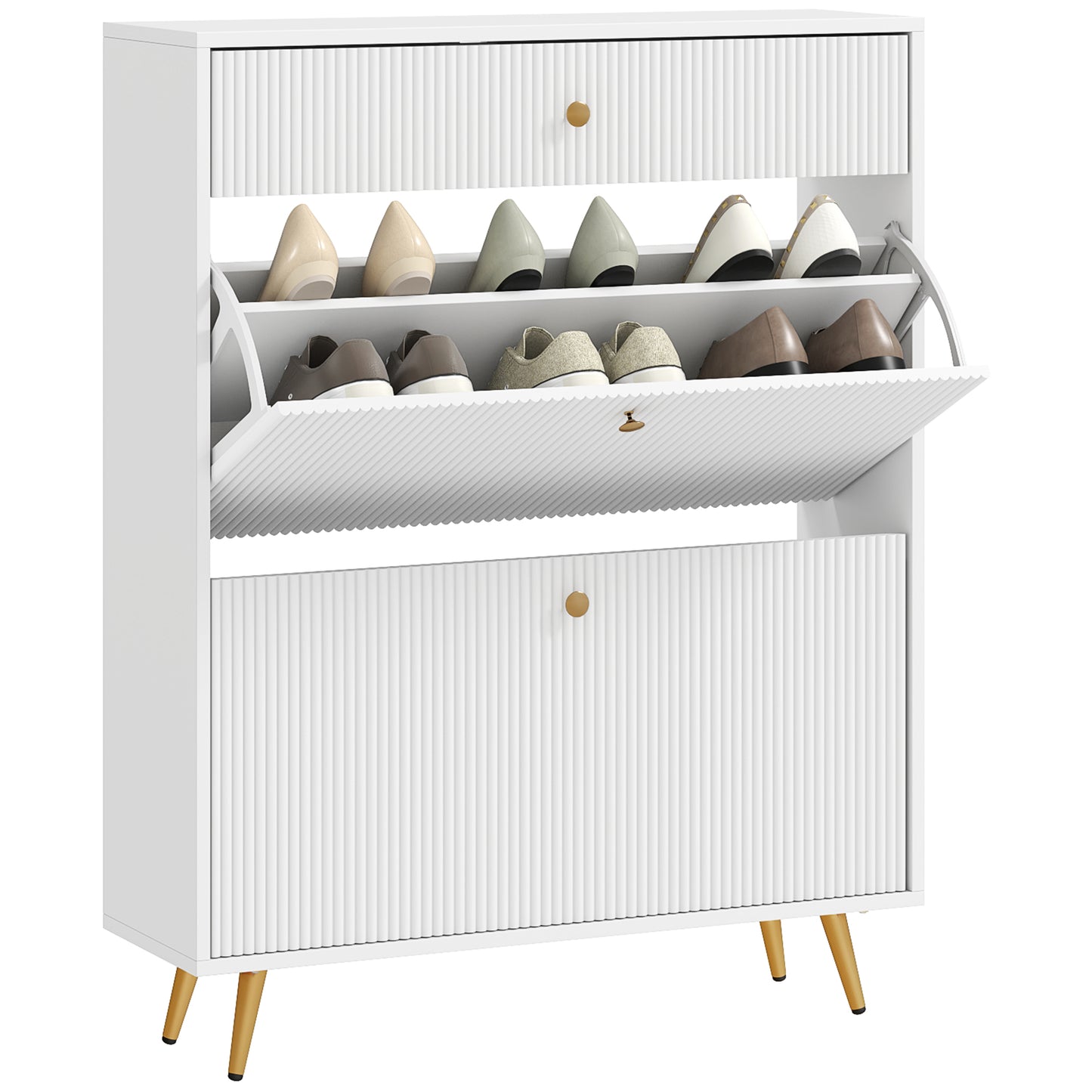 Narrow Shoe Storage Cabinet with Wave-like Panels and Adjustable Shelves for 12 Pairs of Shoes, White