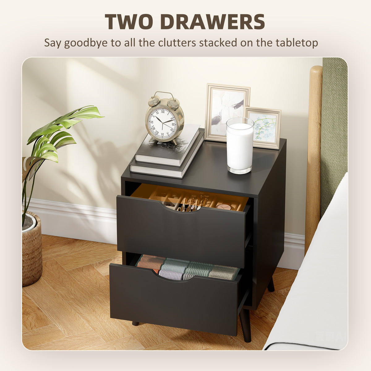 2-Drawer Nightstands with Pine Wood Legs, Set of 2 – 16"W x 20"H