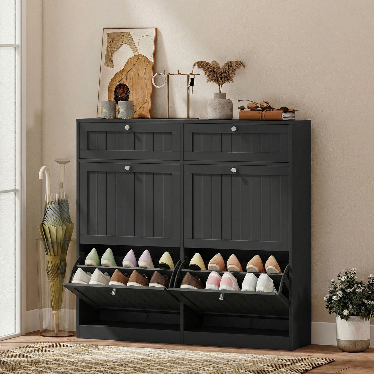 Shoe Cabinet with 2 Large Flip Drawers – 41"W x 39"H