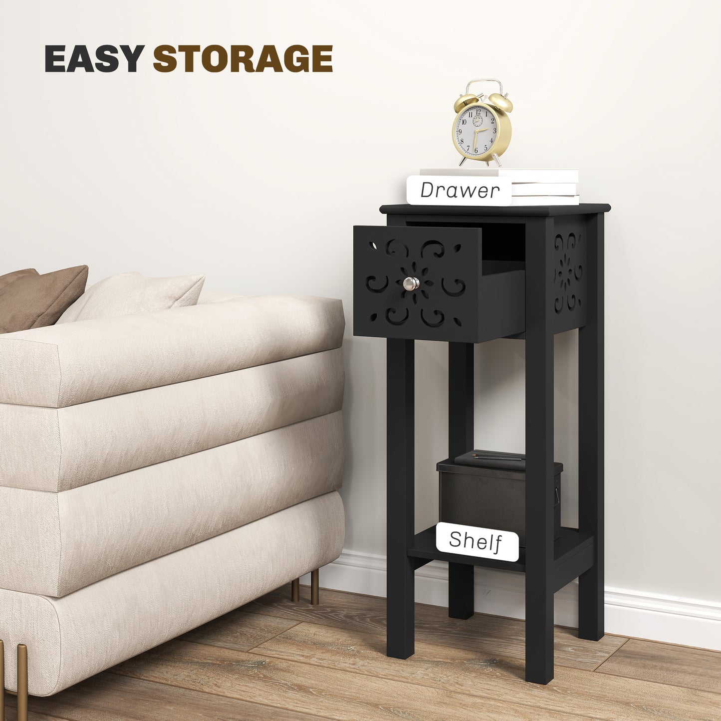 HOMCOM Modern Black Nightstand Set of 2 with Drawer & Open Shelf
