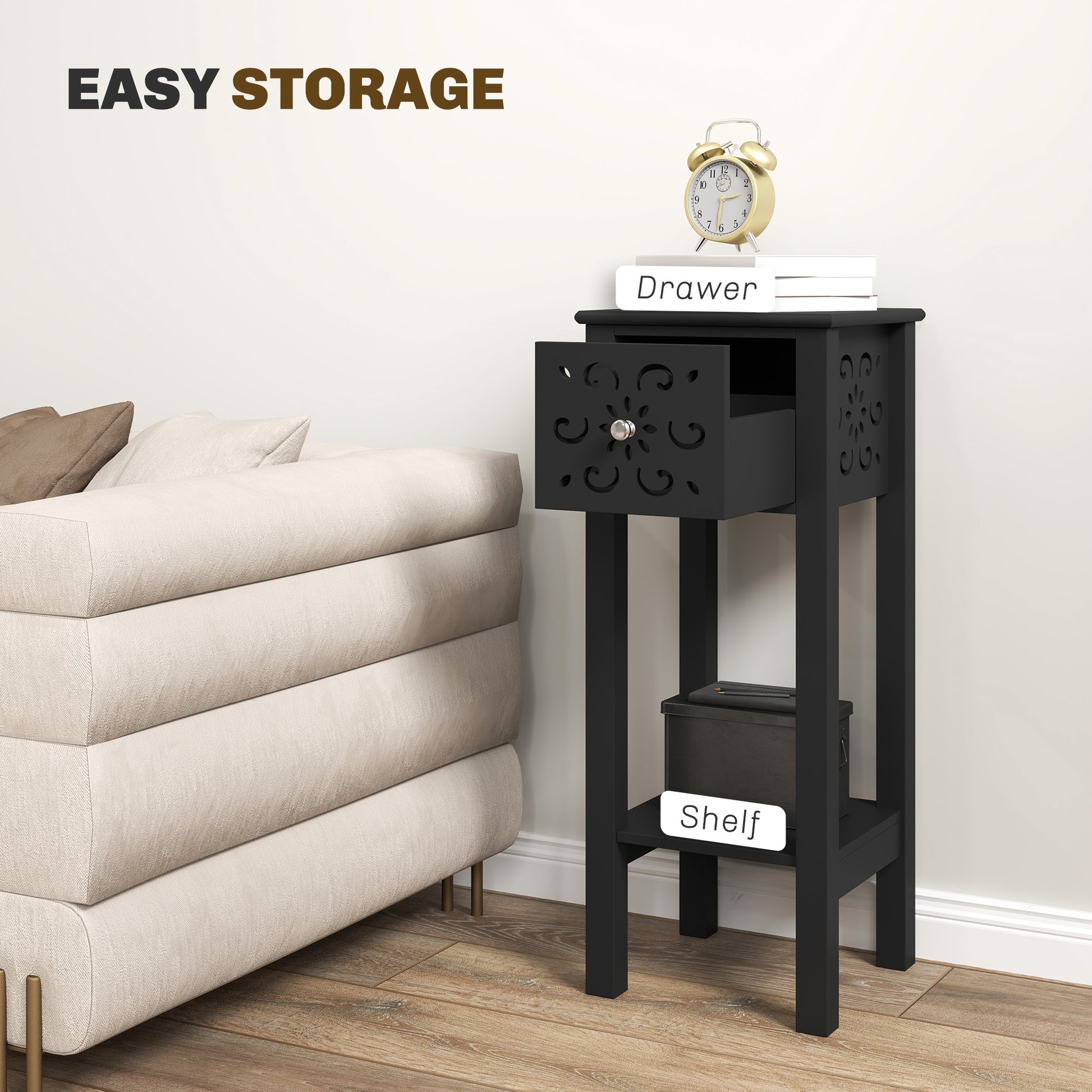 HOMCOM Modern Black Nightstand Set of 2 with Drawer & Open Shelf