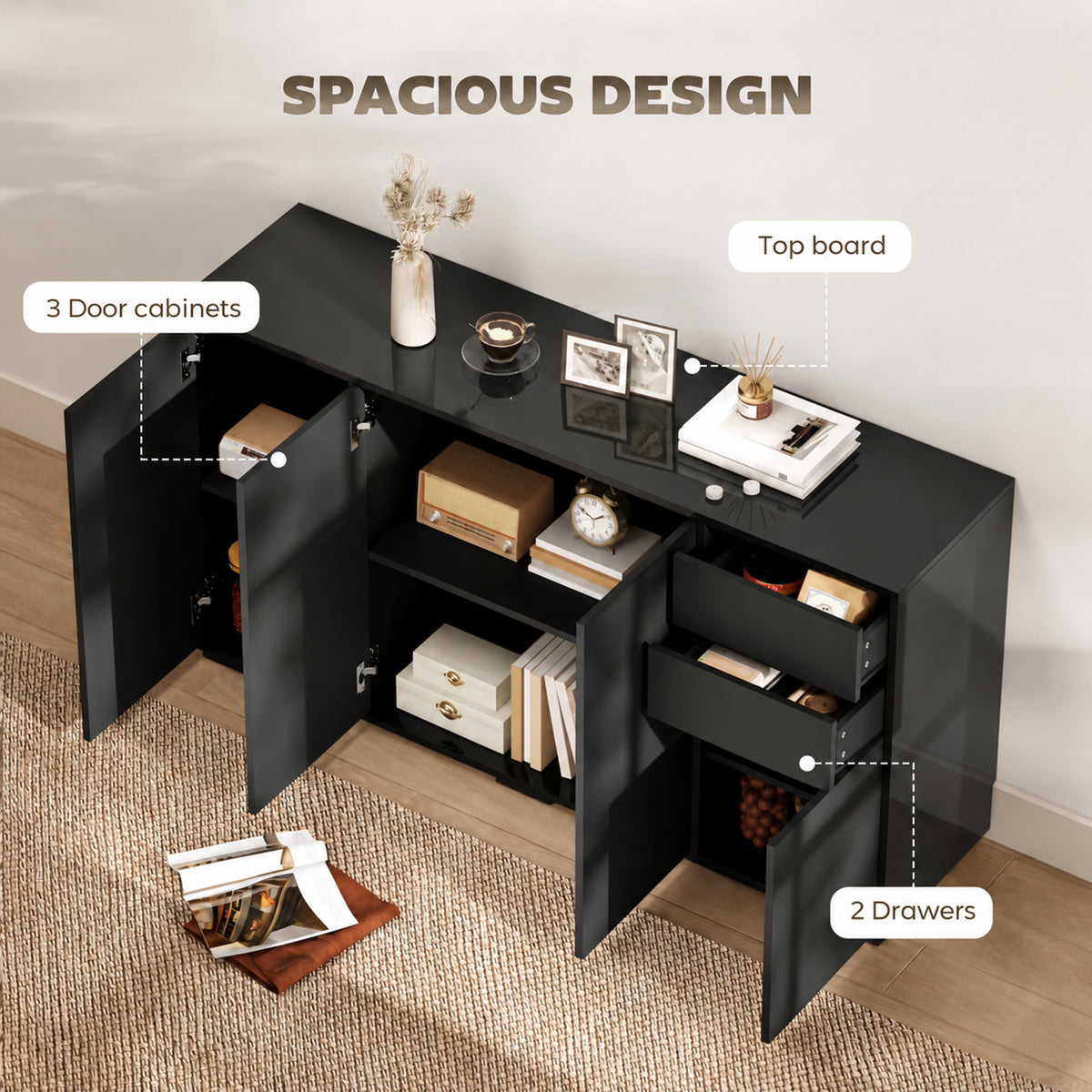 Modern Coffee Bar Cabinet with Push-Open Design and 2 Drawers – 55"W x 29"H