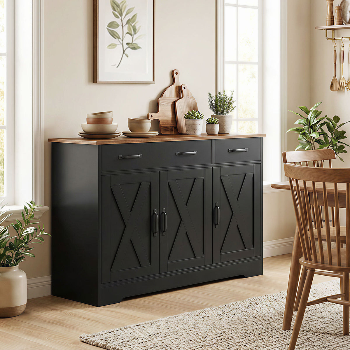 Farmhouse Kitchen Cabinet with 3 Barn Doors – 43"W x 32"H