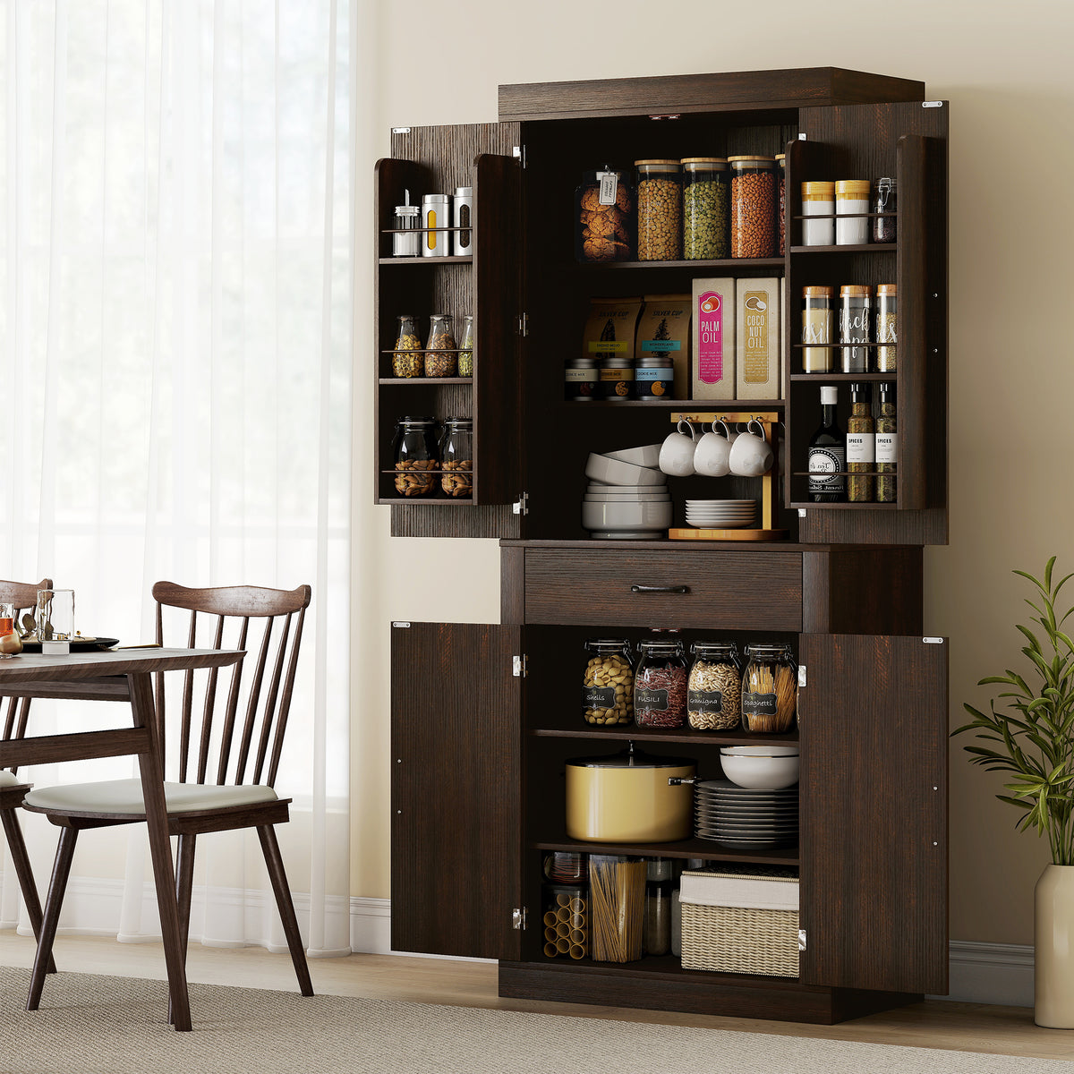 Farmhouse Kitchen Storage Cabinet with 4 Barn Doors – 30"W x 72"H