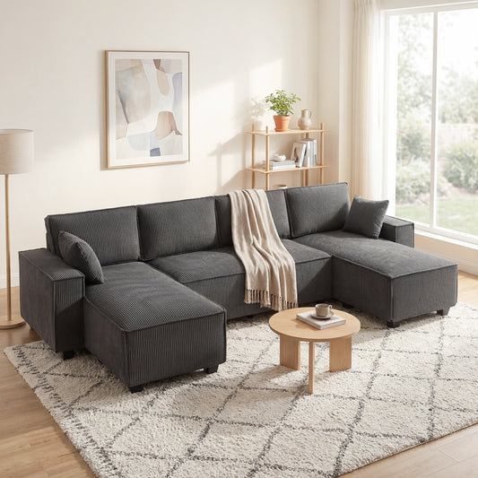 Modular Corduroy U-Shaped Sectional with Double Chaises